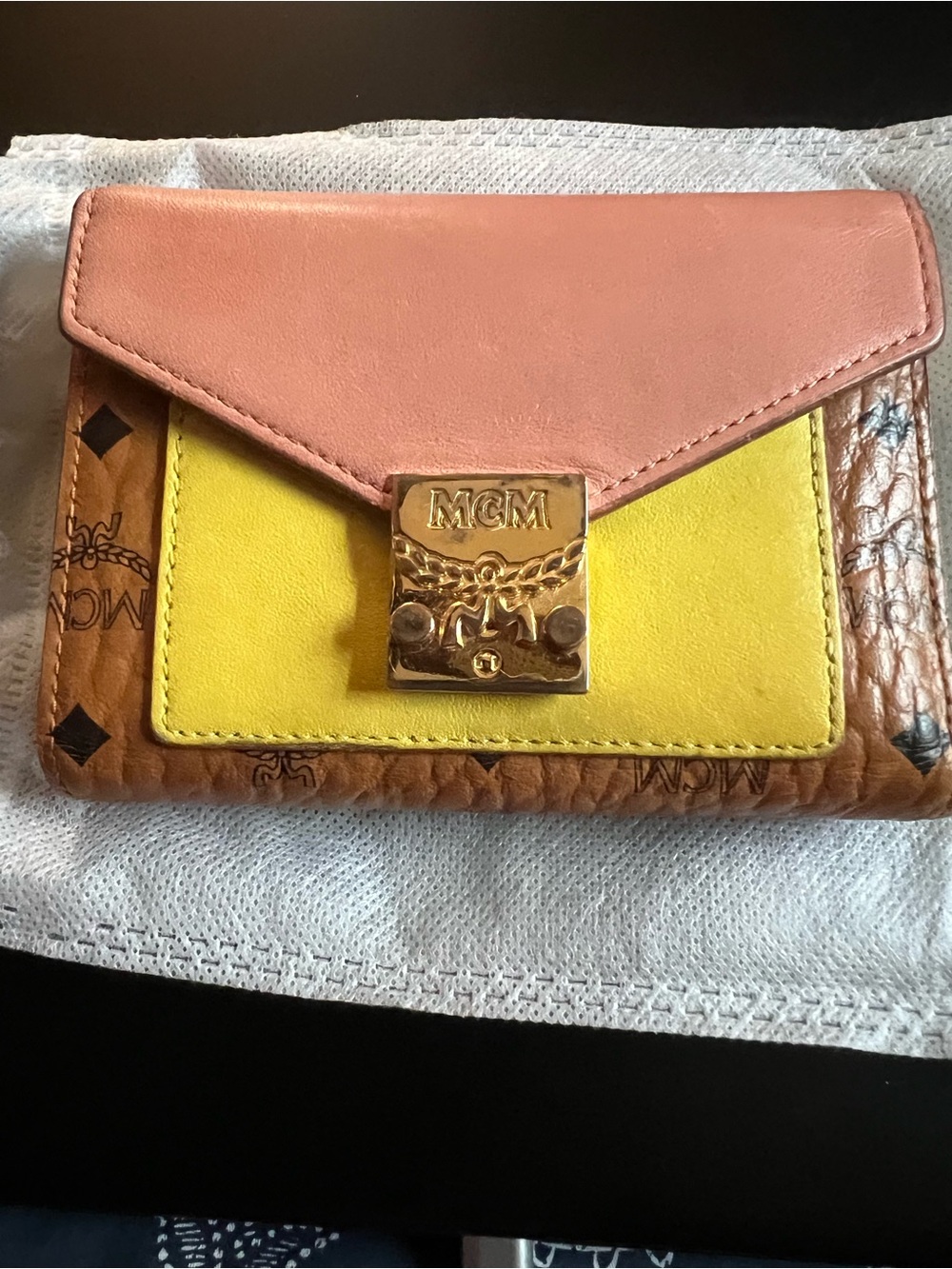 MCM Colorblock Leather Envelope Wallet in Pink, Yellow & Brown